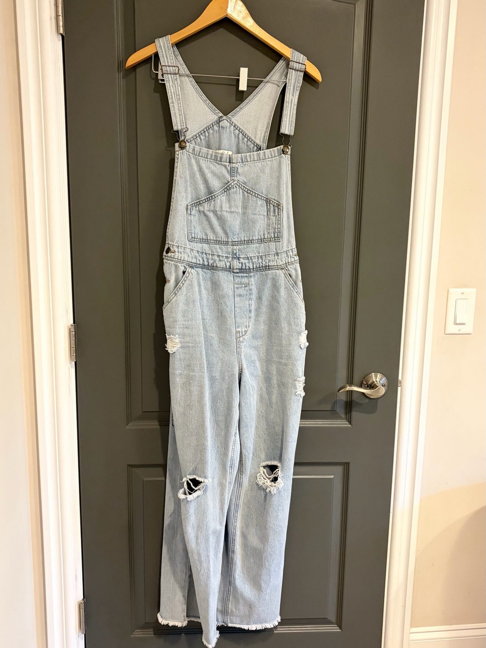easel Light Wash Distressed Denim Overalls